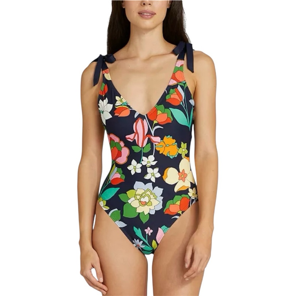 NWT Kate Spade Blazer Blue Floral Shoulder Tie Plunge V-Neck One Piece - Sz M